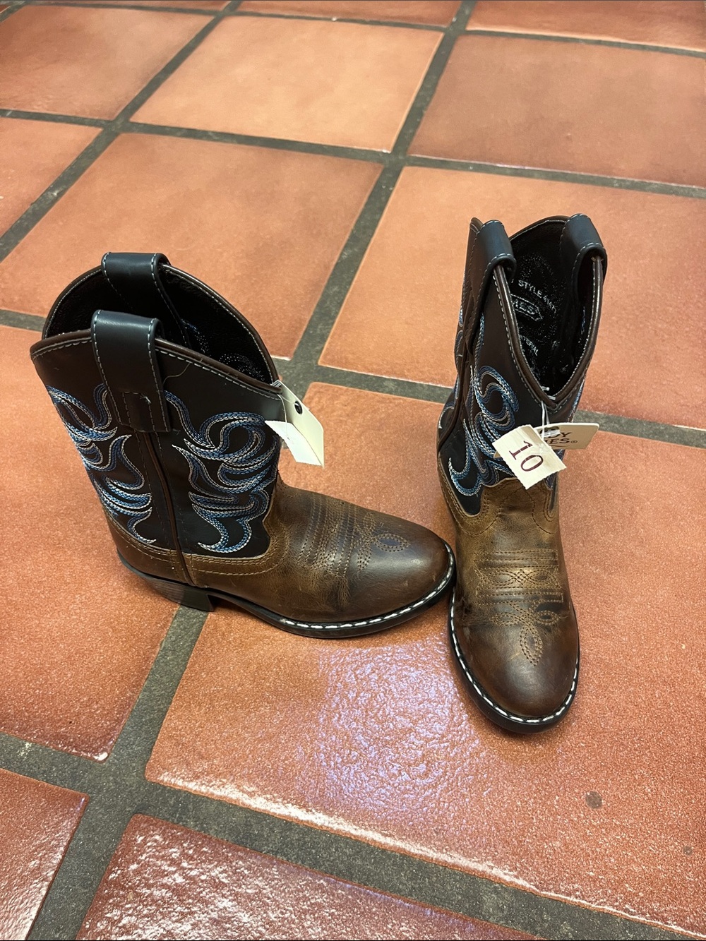 Kids Two-Tone Brown & Black Western Cowboy Boots with Blue Stitching brand new
